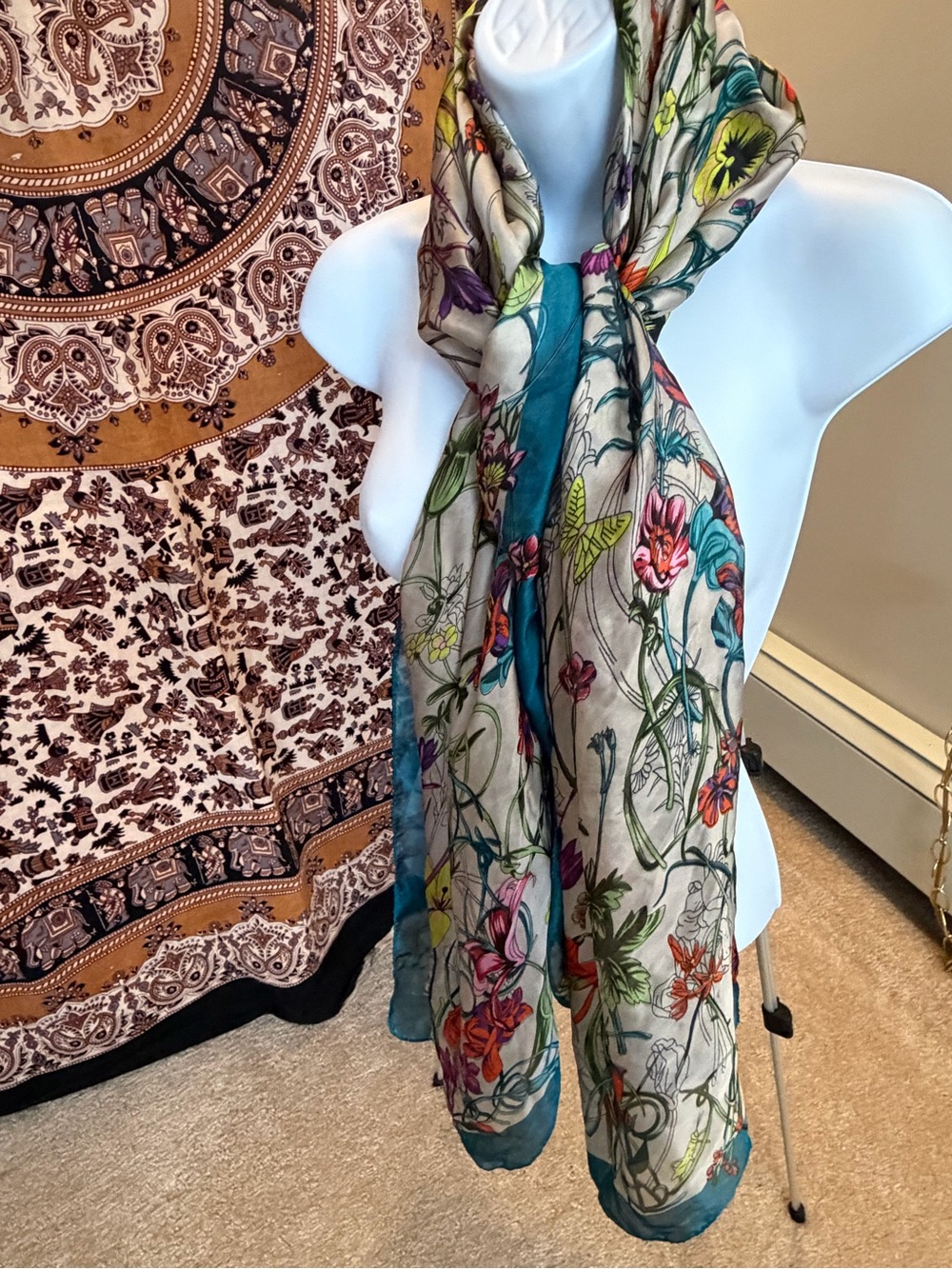 Floral Lightweight Botanical Scarf in Teal Trim vintage silk